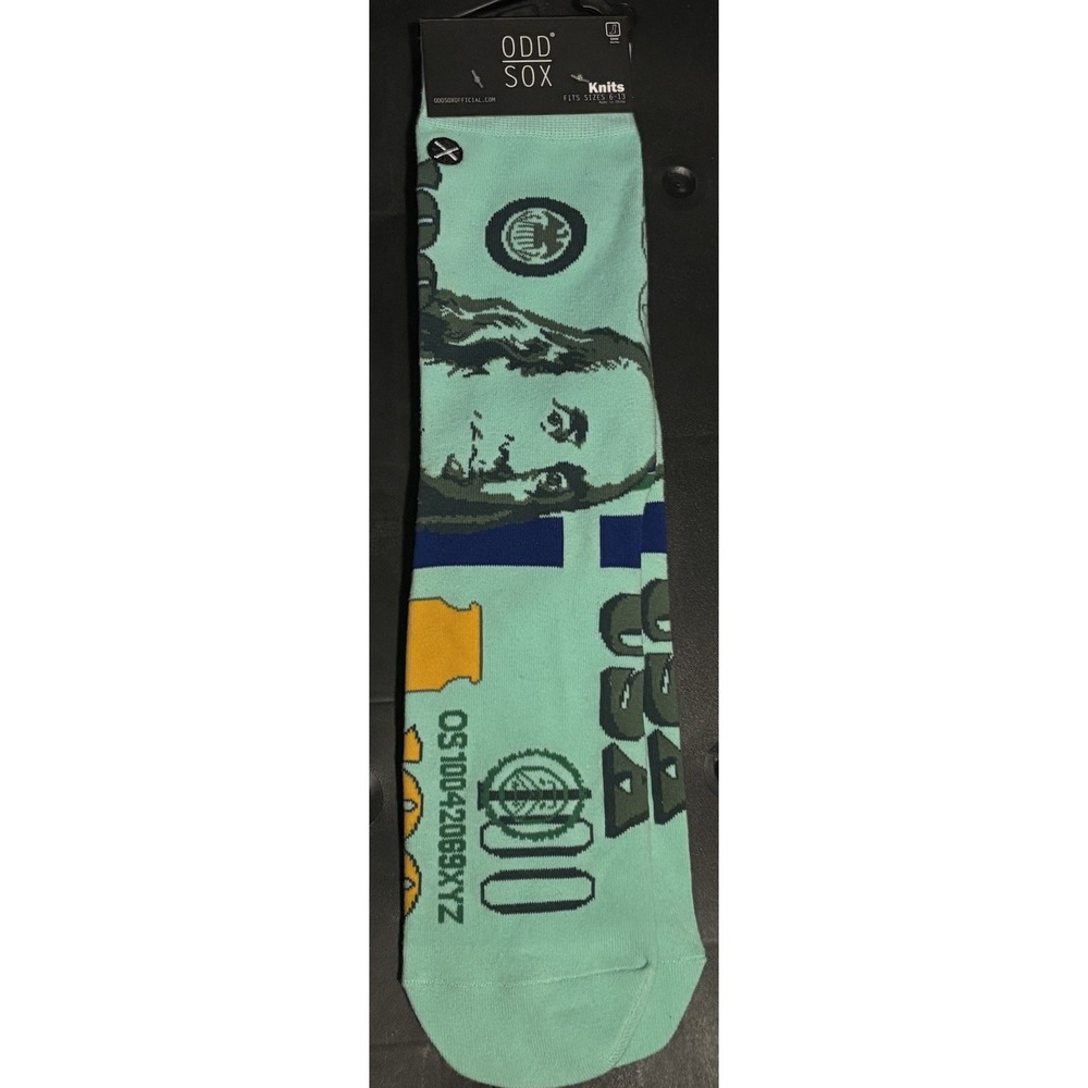 Odd Sox Benjamins Money Crew Socks Mens Size 6-13 Green $100 Bill Knits New
